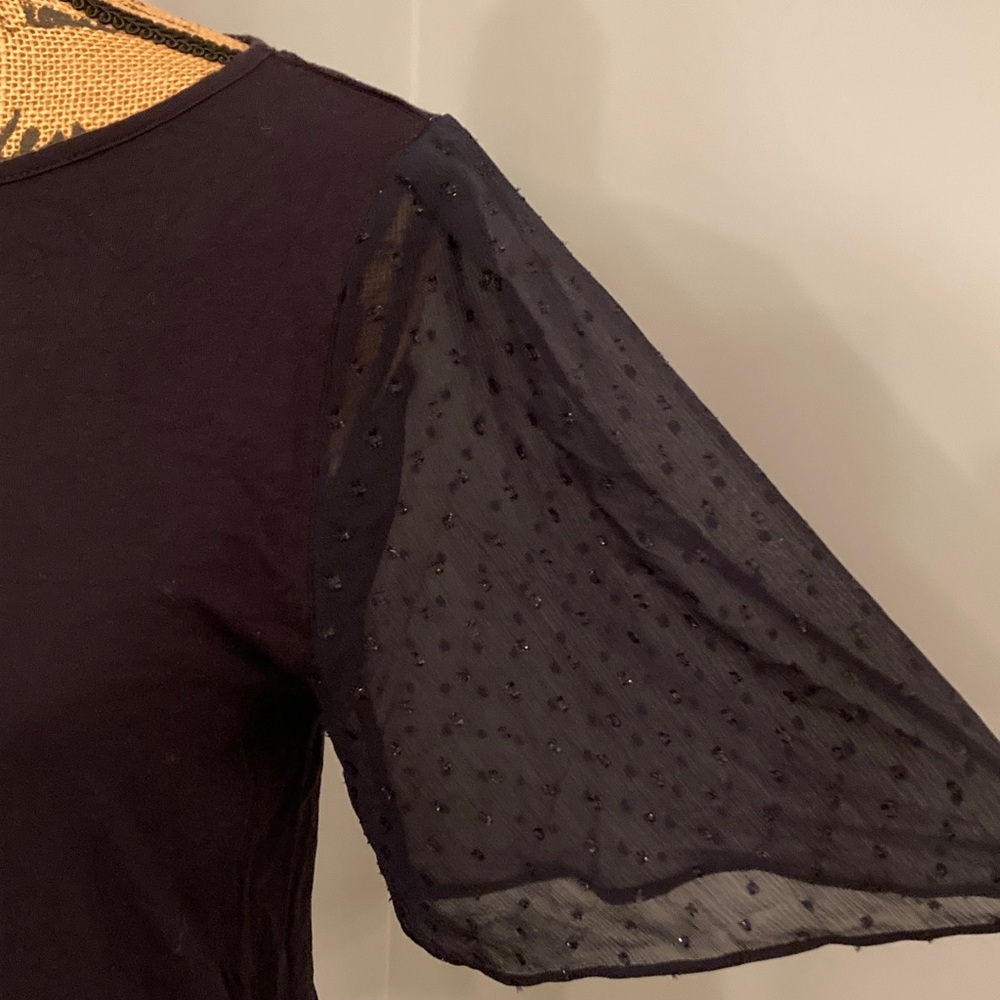 LOFT Dark Blue Blouse with Sheer Sparkly Dot Sleeve Women Size Small - Picture 2 of 11